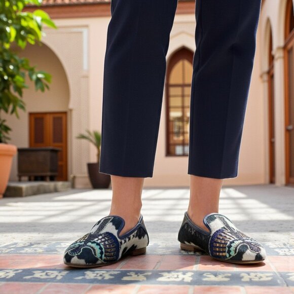 ANTHRO Meher Kakalia Anzu Moccasin Loafer in Navy / Tan Tie Dye EU 39 - Picture 1 of 11